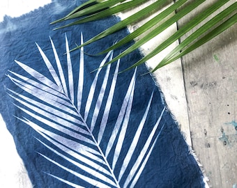 Palm Leaf Sunprint Botanical Cyanotype Fabric Wall Hanging Tapestry