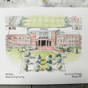 May include: A watercolor illustration of the NC State School of Engineering building on Centennial Campus in Raleigh, NC. The building is a brick structure with a large central entrance and a green lawn in front.