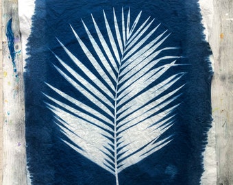 Palm Leaf Sunprint Botanical Cyanotype Fabric Wall Hanging Tapestry