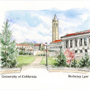 May include: Watercolor painting of the University of California, Berkeley Law School. The painting depicts the iconic Sather Tower, also known as the Campanile, and the law school building. The painting is set against a backdrop of a blue sky with white clouds.