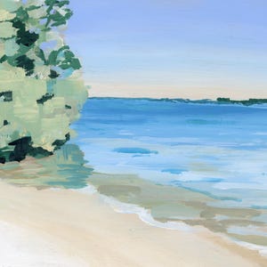 May include: A painting of a beach scene with a green tree on the left side of the image. The beach is white sand and the water is blue. The sky is light blue.