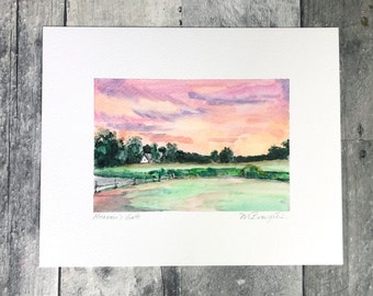 Sunset, countryside, North Carolina watercolor landscape, fine art print