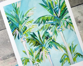 Minty Palms, palm tree painting artwork vertical print, tropical coastal art print
