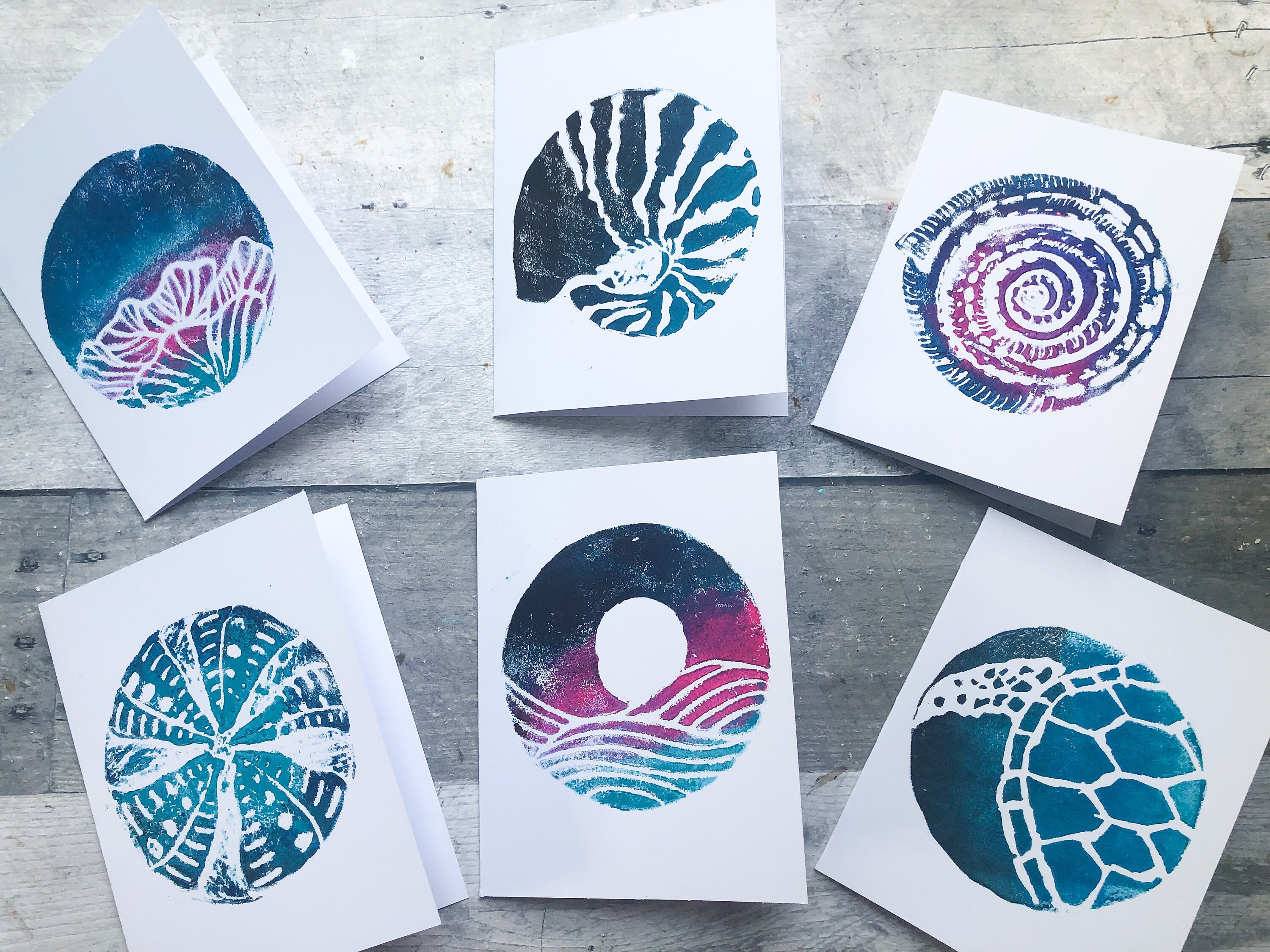 Handmade Seashell Block Print Notecards: Indigo Turquoise Set of 6 - Etsy
