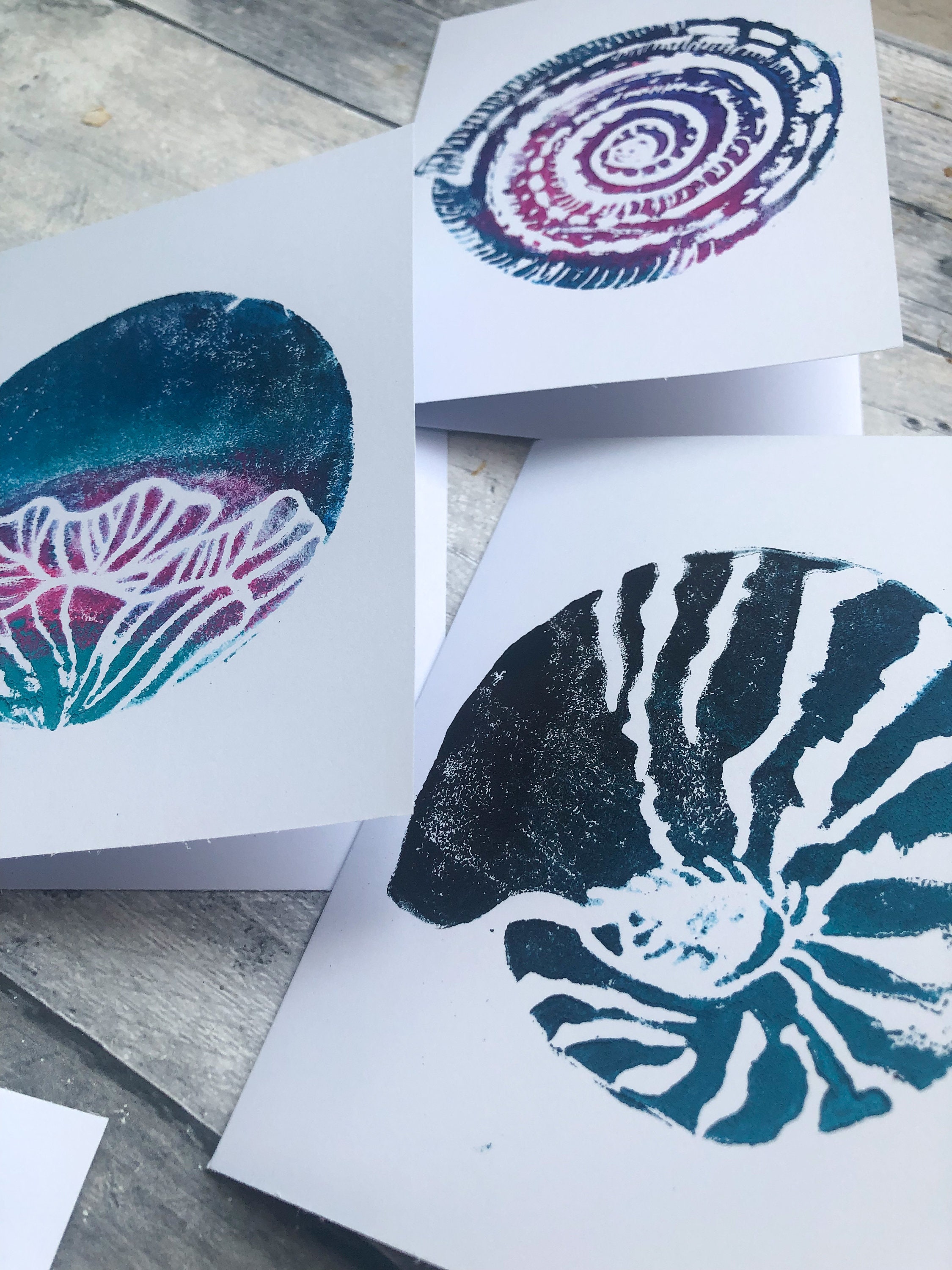 Handmade Seashell Block Print Notecards: Indigo Turquoise Set of 6 - Etsy