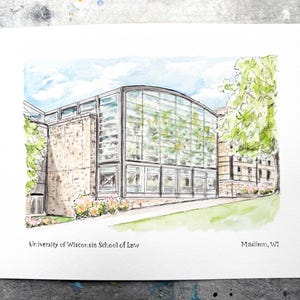 May include: Watercolor illustration of the University of Wisconsin School of Law building in Madison, Wisconsin. The building is a modern structure with a large glass facade and a brick exterior. The illustration is done in a light and airy style, with a blue sky and green trees in the background.