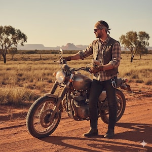 Puede incluir: Una motocicleta vintage con un acabado desgastado se encuentra en un camino de tierra en un paisaje desértico. La motocicleta tiene un faro redondo, un manillar cromado y un asiento marrón. La escena está bañada por la cálida luz del sol.