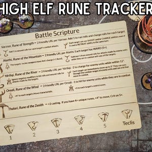 Peut inclure: Tableau de suivi des runes des Hauts Elfes en bois, avec symboles et texte gravés. Comprend une section "Battle Scripture" avec diverses runes et leurs effets. Comporte des marqueurs de runes numérotés et le nom "Teclis".
