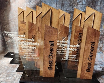 Custom Warhammer Tournament Trophy Set | Acrylic & Wood | Engraved Awards