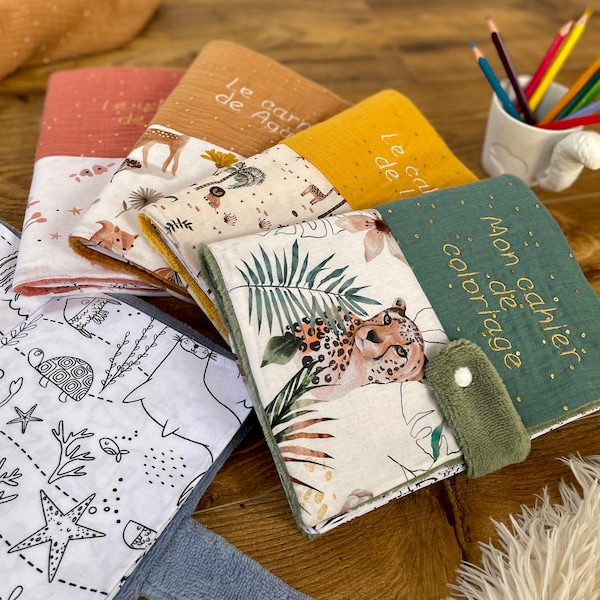 Cahier de Coloriage Lavable - Avec ou sans personnalisation - En Coton, Double Gaze & Bambou Oeko Tex - Nombreux coloris au choix