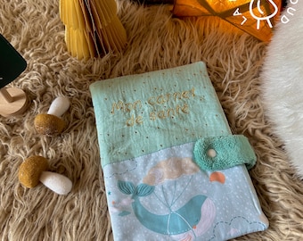 Health Book Cover - With or without personalization - In Cotton, Double Gauze & Bamboo 100% Oeko Tex - Whales/Aventurine