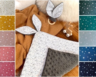 Doudou Lapin tout doux - Minky ou Bambou - En Coton 100% Oeko Tex - Avec ou sans personnalisation - Etoiles - Nombreux coloris au choix