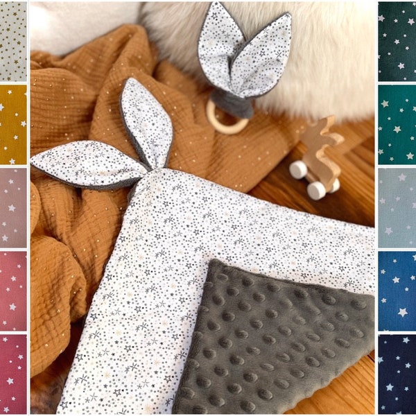 Doudou Lapin tout doux - Minky ou Bambou - En Coton 100% Oeko Tex - Avec ou sans personnalisation - Etoiles - Nombreux coloris au choix