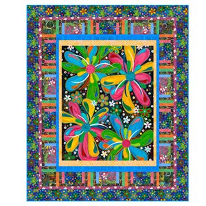 May include: A colorful quilt with a central panel featuring stylized flowers in shades of pink, yellow, blue, and green on a black background. The border is a multi-colored patchwork design with stripes and floral motifs.