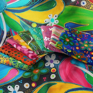 May include: A collection of colorful fabric swatches with various patterns, including floral and abstract designs. The swatches are arranged on a vibrant, painted background with large flowers in shades of blue, pink, yellow, and green.