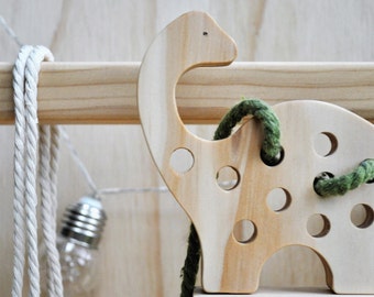Lacing animal-wooden toy-wooden dinosaur-Montessori wooden toy-Montessori toy-Dinosaur-Hanmdade toy-Toddler present-Threading toys