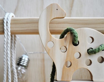 Lacing animal-wooden toy-wooden dinosaur-Montessori wooden toy-Montessori toy-Dinosaur-Hanmdade toy-Toddler present-Threading toys