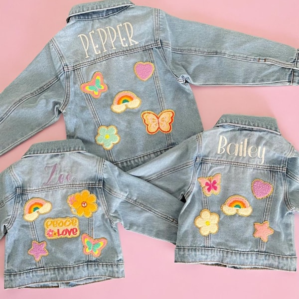 Custom Oversized Embroidered Kids Girls Denim Jacket, Chenille Patch Sewn On Personalized Jean Jacket, Stitched Name Children’s Toddler Gift
