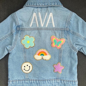 Custom Embroidered Toddler Baby Girl Denim Jacket, Personalized Chenille Patch Jean Jacket, Stitched Name Kids Children’s Gift