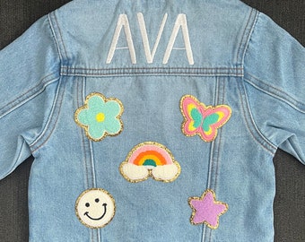 Custom Embroidered Toddler Baby Girl Denim Jacket, Personalized Chenille Patch Jean Jacket, Stitched Name Kids Children’s Gift