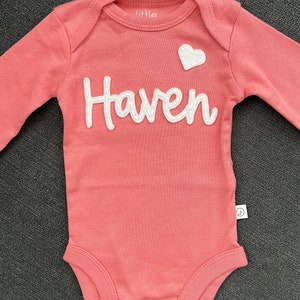 Baby Name ®, Custom Baby Name Felt bodysuits, Personalized baby top, coming home outfit, Baby Name Reveal long sleeve bodysuit image 3
