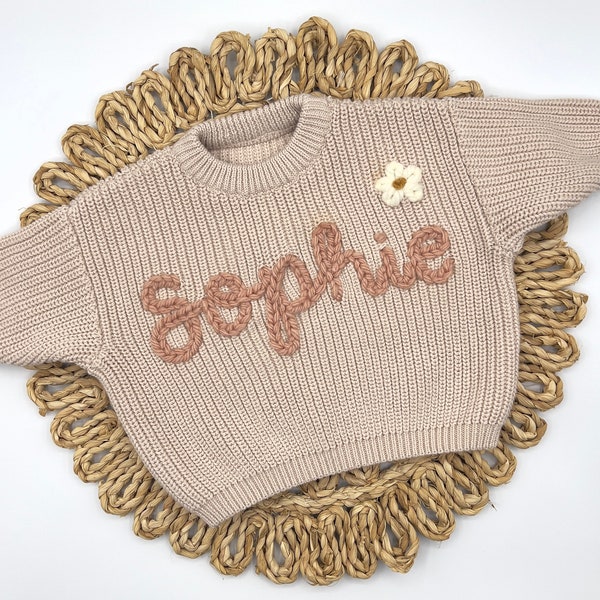 Cream Beige Neutral Oversized Hand Embroidered Name Personalized Sweater