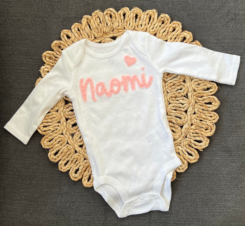 Baby Name ®, Custom Baby Name Felt bodysuits, Personalized baby top, coming home outfit, Baby Name Reveal long sleeve bodysuit image 1