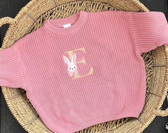 Easter Bunny Embroidered Personalize Oversized Name Kids Toddler Baby Sweater