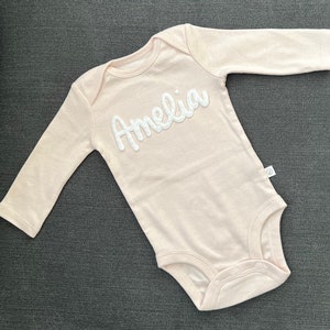 Baby Name ®, Custom Baby Name Felt bodysuits, Personalized baby top, coming home outfit, Baby Name Reveal long sleeve bodysuit image 2