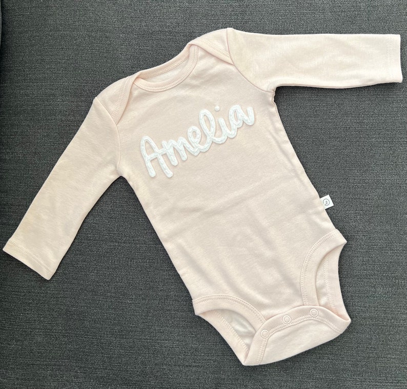 Baby Name ®, Custom Baby Name Felt bodysuits, Personalized baby top, coming home outfit, Baby Name Reveal long sleeve bodysuit image 2