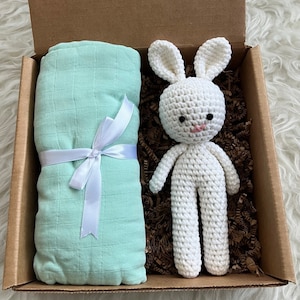 Crochet Bunny, Nouveau coffret cadeau bébé, Coffret cadeau Welcome Baby Girl Baby Boy, Cadeau Baby Shower, Cadeau bébé, Cadeau bébé, Coffret cadeau nouveau-né image 1