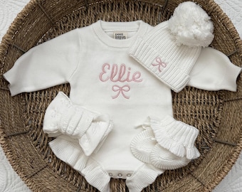 Bow Ivory Long Sleeve Cotton Romper, Custom Embroidered Knit Romper, Personalized Sweater Romper, Personalized Newborn Baby Girl Gift