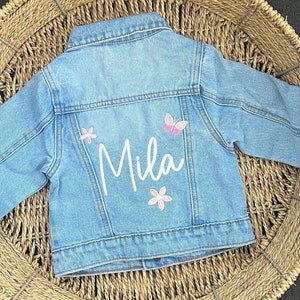 Custom Oversized Embroidered Floral Girls Jacket, Personalized Jean Jacket, Stitched Name Kids Children’s Toddler Gift