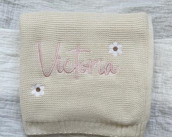 Personalized Embroidered Baby Girl Blanket with flowers, Custom Newborn Knit Blanket with Name, Baby Shower Gift