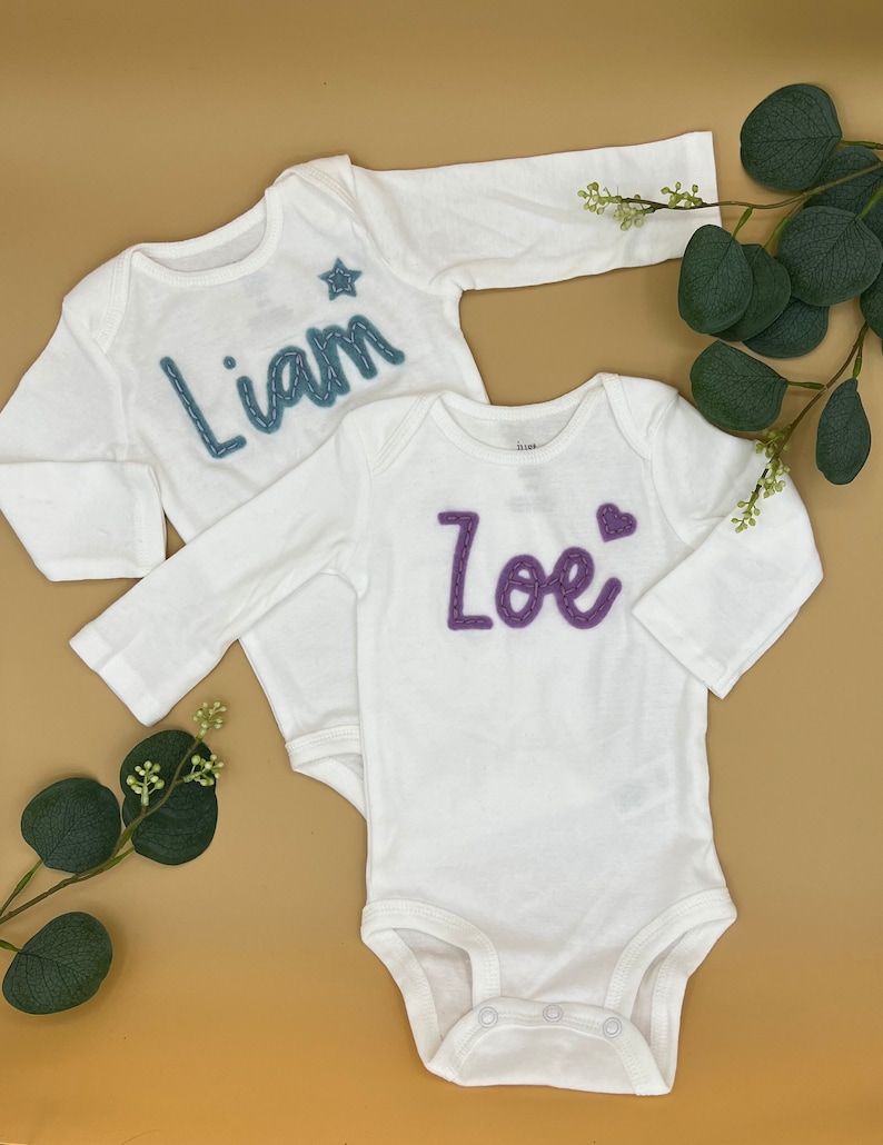 Baby Name ®, Custom Baby Name Felt bodysuits, Personalized baby top, coming home outfit, Baby Name Reveal long sleeve bodysuit image 4