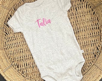 Custom Embroidered Baby Name, Personalized Organic cotton baby top, monogrammed coming home outfit, Baby Name Reveal long sleeve bodysuit