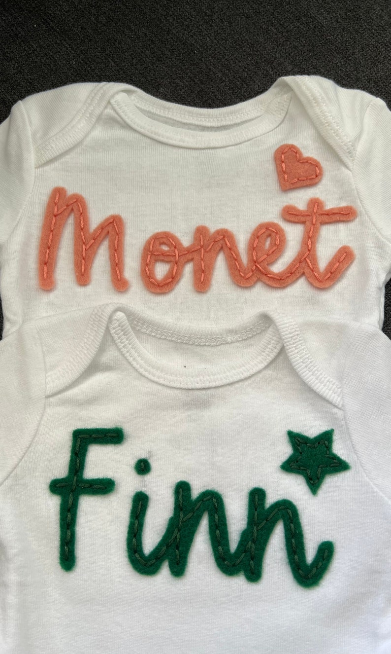 Baby Name ®, Custom Baby Name Felt bodysuits, Personalized baby top, coming home outfit, Baby Name Reveal long sleeve bodysuit image 7