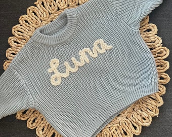 Blue Oversized Hand Embroidered Name Personalized Sweater