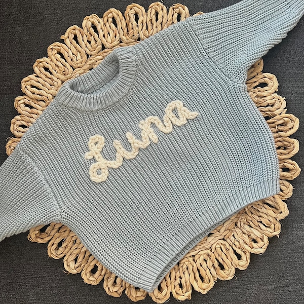 Blue Oversized Hand Embroidered Name Personalized Sweater