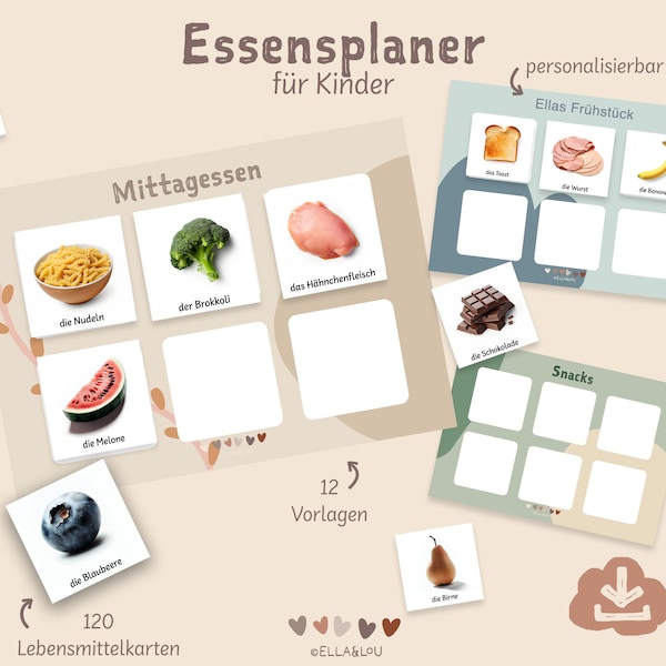 Essensplaner Kinder | Meal Planner Mahlzeiten planen Montessori PDF Lebensmittel lernen Obst Gemüse Speiseplan Kindergarten Routinekarten