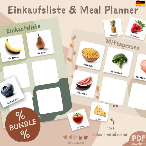 Einkaufsliste & Essensplaner | Montessori PDF Kleinkind Lebensmittel lernen Essen planen Einkaufszettel Einkaufskarten Kindergarten