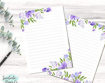 Printable Lined Unlined Note Page, Floral Purple Note Page, Digital Lined Paper, Digital Note Page, Printable Lavender Flower Notebook Page