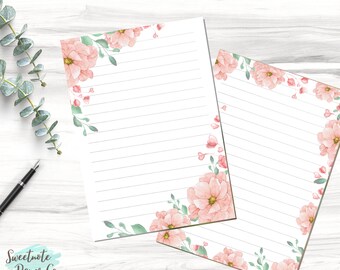 Printable Peony Flower Note Page, Peony Note Page, Digital Lined Unlined Paper, Printable Flower Notebook Note Page