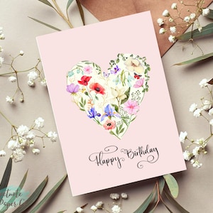 Printable Floral Heart Birthday Card, Digital Download Wild Flowers Happy Birthday
