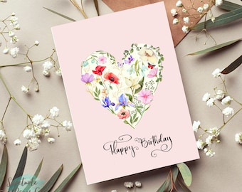 Printable Floral Heart Birthday Card, Digital Download Wild Flowers Happy Birthday