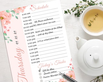 Printable 7 Day Planner, Floral Daily Planner, Work Planner,  Hour Planner, Hourly Planner, A4 Letter Size, Coral Peach Planner