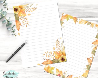 Printable Fall Season Note Page, Fall Autumn Notebook Page, Watercolor Fall Leaves, Printable Line Unlined Note Paper, Fall Printable