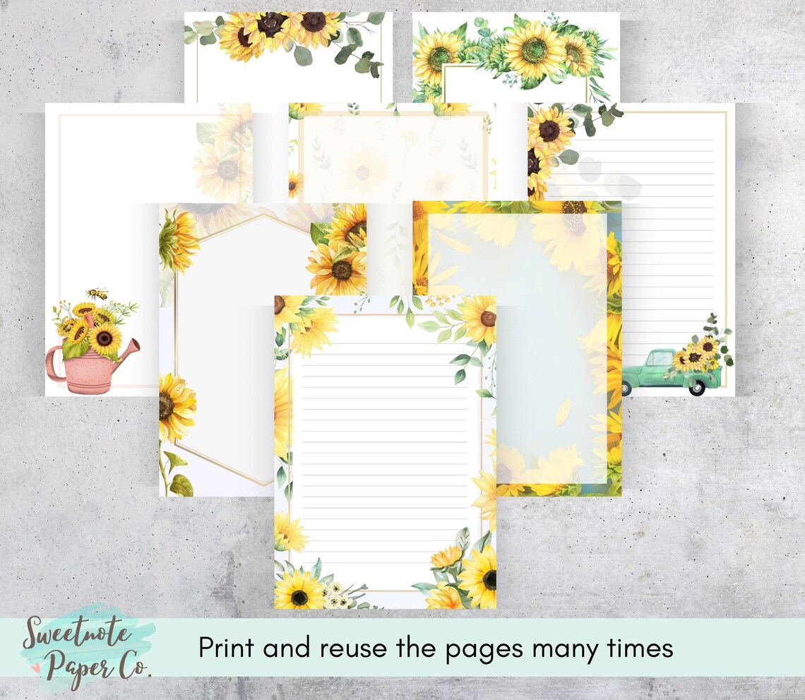 Printable Sunflower Note Pages | Instant Download Sunflower Writing ...