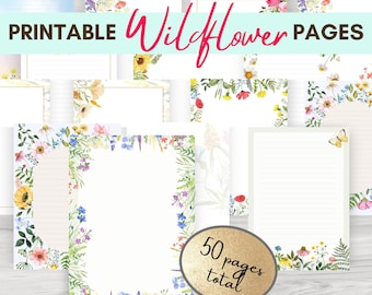 Printable Wild Flower Note Pages, Wildflower Printable A4 Stationery Lined/ Unlined Pates