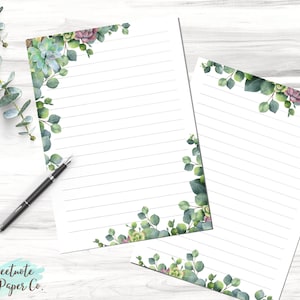 Printable Succulent Note Page, Succulent Notebook Page, Watercolor Succulent, Printable Line Unlined Note Paper, Succulent Printable